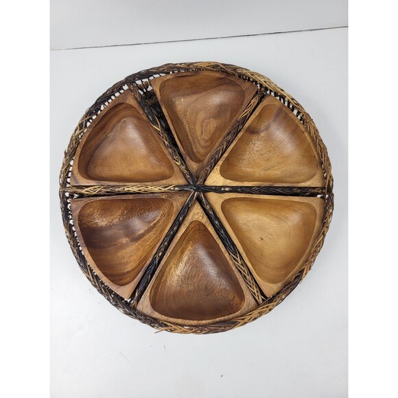 Other - Vintage MCM Wood And Rattan Serving Platter Hand Crafted 12 Inch